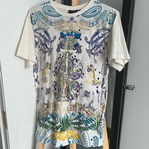 Christian Audigier White Tee with Teal, Navy & Gold Accents